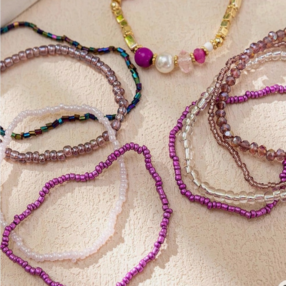 Boho Multi-Strand Beaded Stretch Bracelet Stack - Purple, Pink & Gold - Picture 3 of 5